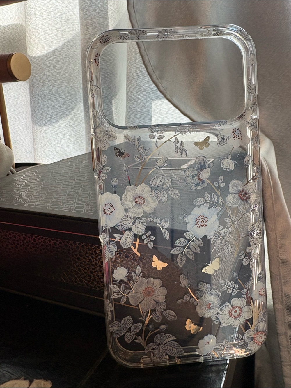 Clear Floral Butterfly iPhone Case - Transparent with White & Gold Accents